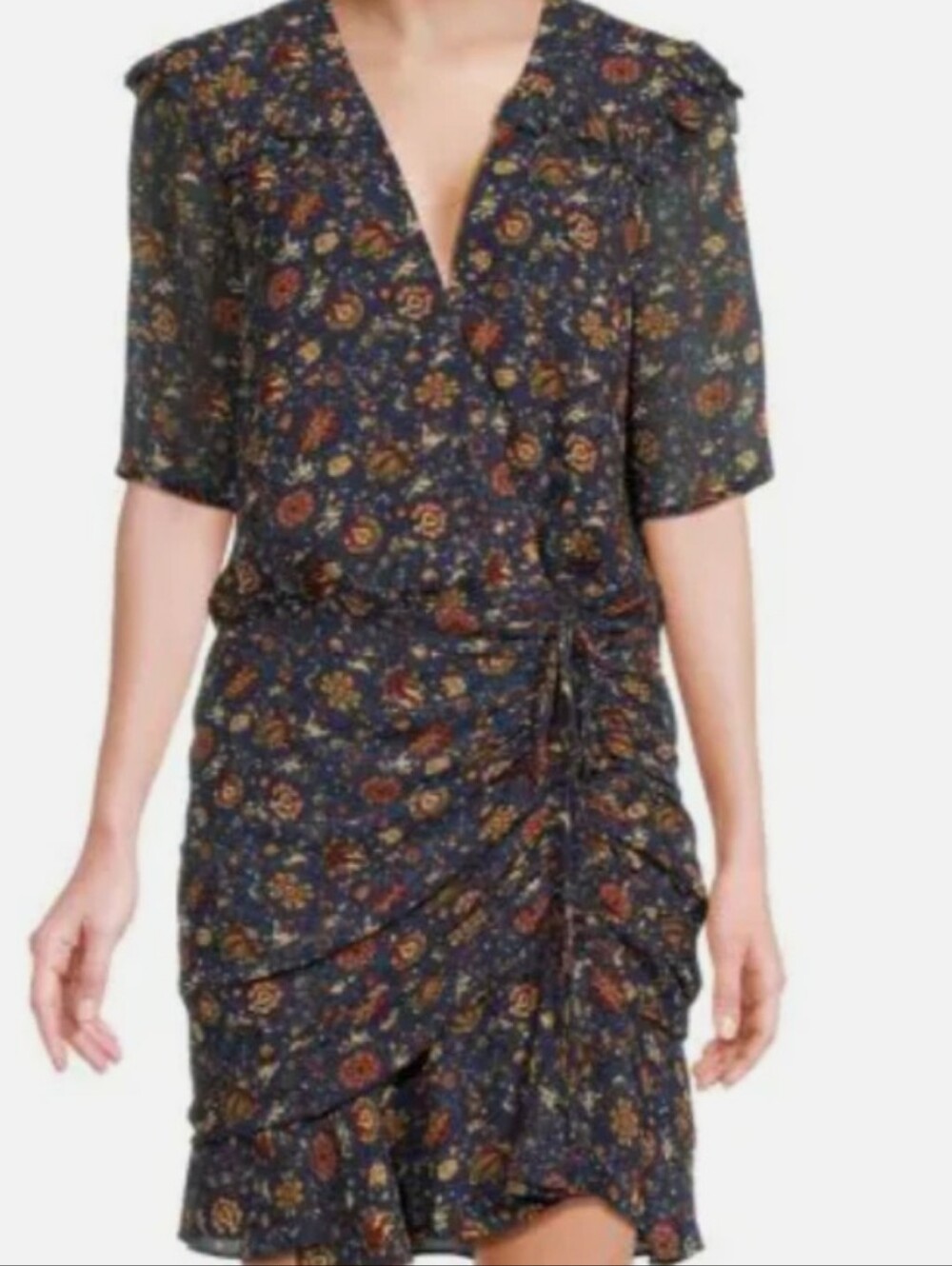 Veronica Beard Navy Floral Wrap Mini Dress with Warm Accent Print